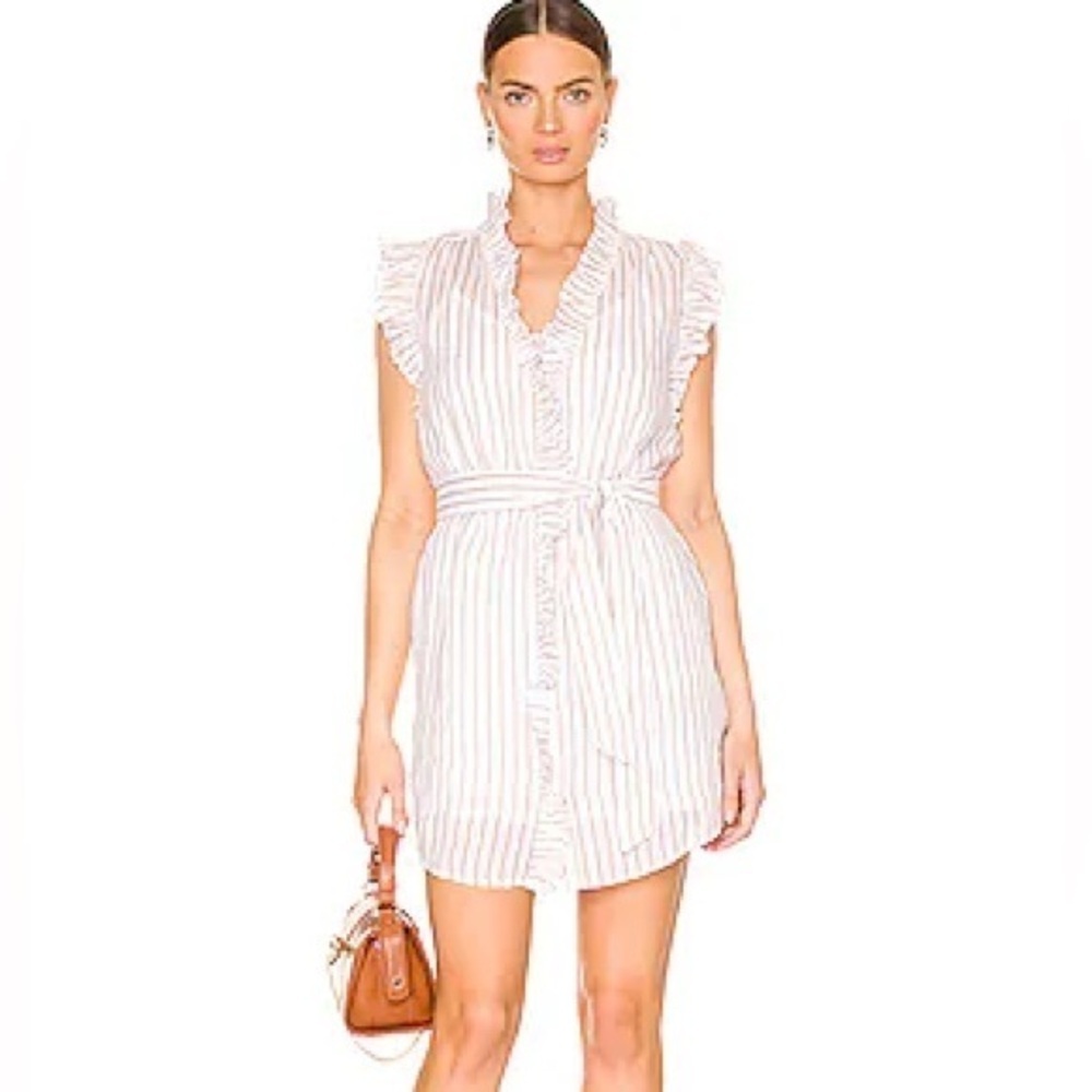 Frame Lauren Ruffled Button Down mini dress Medium Color Brown White Striped